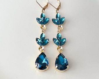 Rich teal blue crystal earrings, crystal leaf earrings, chandelier, pear, teardrop, wedding jewelry, long earrings, bridesmaid gift, blue