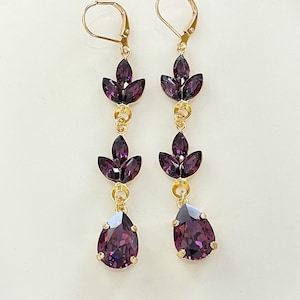 Amethyst purple crystal earrings, plum, eggplant, crystal leaf earrings, chandelier, pear, wedding jewelry, long earrings, bridesmaid gift