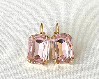 LARGE Light Pink crystal earrings, statement size emerald cut octagon crystal drops, light rose pink