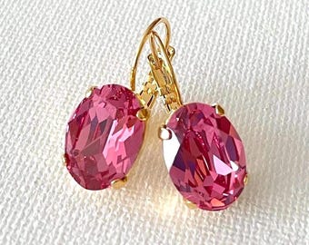 Rose Pink Swarovski oval crystal drop earrings, Rose Bridal jewelry, bridesmaid earrings, earrings, bridesmaid gift