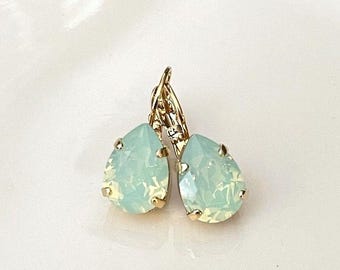 Swarovski mint opal crystal teardrop earrings, rhinestone drop earrings, vintage wedding, bridal, Swarovski chrysolite opal, bridesmaid gift