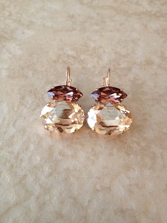 Champagne and Light Burgundy LARGE Crystal Drop Earrings