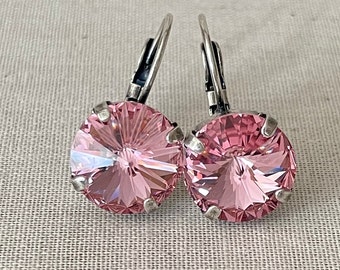 12mm light pink crystal earrings, Swarovski Light Rose crystals, rhinestone drop earrings, bridal earrings, blush bridesmaid jewelry