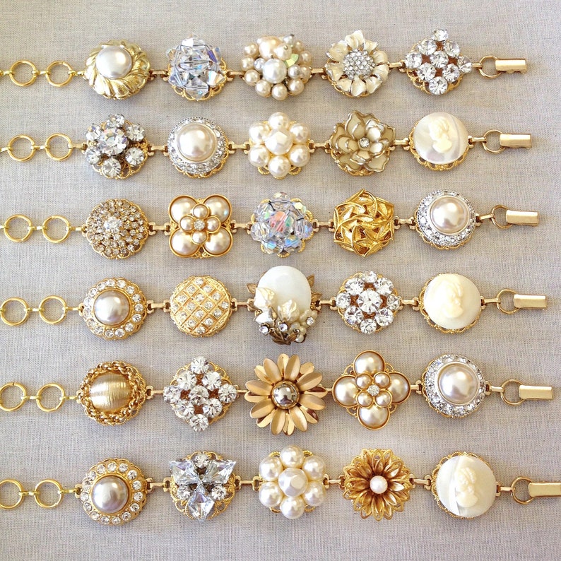 1 Vintage wedding bracelet, gold, pearl, rhinestone, vintage, floral, gold, silver, repurposed jewelry, vintage cluster earring bracelet image 3