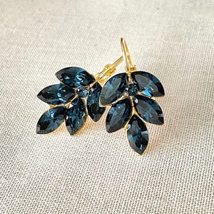 Swarovski Navy blue crystal leaf earrings, something blue bridal earrings, bridesmaid gift, rhinestone leaf earrings, bridal earrings