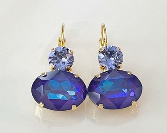 Purple LARGE crystal drop earrings, Swarovski crystal, wedding jewelry, bridal jewelry, bridesmaid gift, oval, marquis