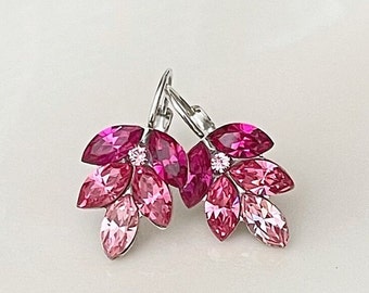 Fuchsia Pink Ombré crystal leaf earrings, bridal earrings, bridesmaid gift, Colorful, Summer earrings, Summer wedding, Autumn Fall wedding