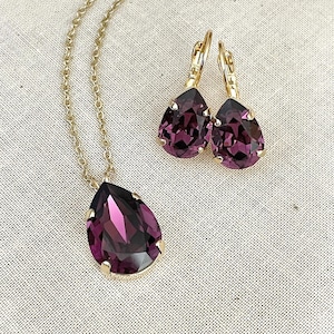 Eggplant purple jewelry set, crystal necklace and earring set, amethyst purple, pear, tear drop, bridal necklace, pendant, jewelry set