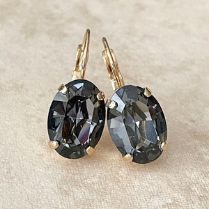 Black crystal oval drop earrings, Dark gray, Bridal jewelry, bridesmaid earrings, old Hollywood, bridesmaid gift, black