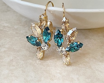 Champagne Teal crystal earrings, Swarovski crystal, marquise drop earring, bridal earrings, wedding jewelry, bridesmaid gift, something blue