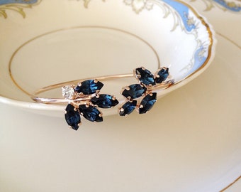 Navy blue bracelet, gold, rose gold, bridal bracelet, Wedding jewelry, wedding bracelet, open bangle, bridesmaid gift