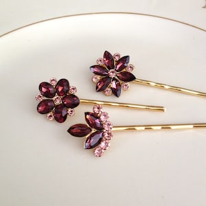 Burgundy floral crystal hair pins, hair, wedding hair accessory, rhinestone, bobby pins, bridesmaid gift, burgundy, wine, bordeaux, gold