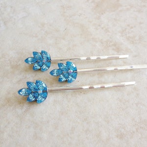 3 light teal crystal leaf bobby pins, leaf, leaves, woodland, bridesmaid gift, hair pin, blue, hair accessory, something blue