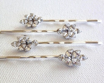 Set of 4 Swarovski crystal leaf bobby pins, rhinestone leaf, leaves, wedding hair accessory, bridesmaid gift, silver, gold, bobby pins