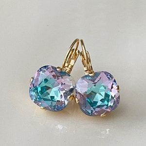 12mm Vitrail Light cushion cut crystal earrings, lavender, teal, purple, something blue, bridal earrings, lever back, rhinestone drops
