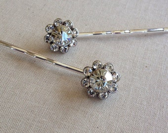 Floral crystal cluster hair pins, set, 2, bobby pins, hair accessory, weddings, bridesmaid, gift, hair, silver, hair pin, flower