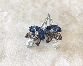 Denim blue Beige crystal leaf earrings, wedding earrings, bridesmaid gift, rhinestone leaf earrings, drop, something blue, neutral, blue