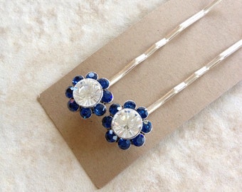 Navy blue crystal flower hair pins, flower bobby pins, bridesmaid gift, wedding hair accessory, Swarovski, bridal, something blue, blue