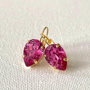 Swarovski Dark Rose inverted teardrop earrings, pear cut crystal drop earrings, vintage wedding, bridal, simple earrings, pear, pink magenta