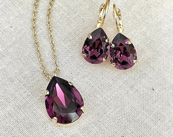Swarovski Eggplant purple jewelry set, crystal necklace and earring set, amethyst purple, pear, tear drop, necklace, pendant, jewelry set