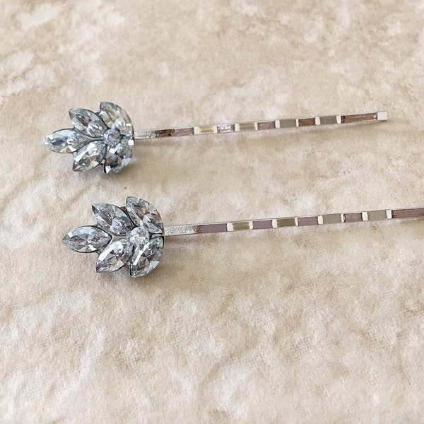 Pale dusty blue crystal leaf hair pins, rhinestone leaf bobby pins, bridesmaid gift, hair pin, hair, leaf, bridal something blue