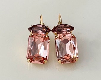 LARGE Peach and Light Burgundy crystal drop earrings, Blush, Statement earrings, Octagon, Marquise, bridal jewelry, bridesmaid gift