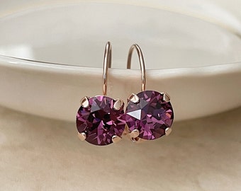 Purple crystal drop or post earrings, 8mm round Swarovski crystals, bridesmaid gift, minimalist, eggplant, amethyst purple
