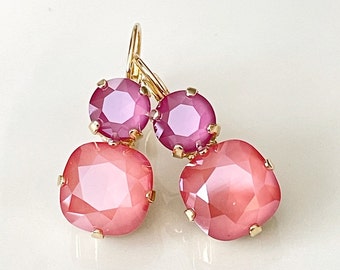 Pink Light Coral earrings, Swarovski cushion cut crystals, bridal earrings, bridesmaid gift, drop earrings, Spring Summer Jewelry