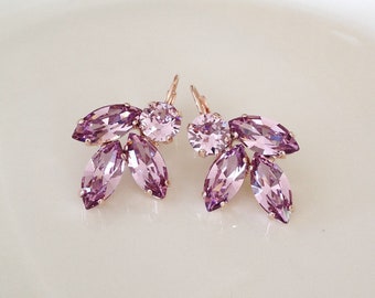 Light Mauve crystal earrings, crystal leaf earrings, bridal, rhinestone drop earrings, vintage wedding, light purple, mauve