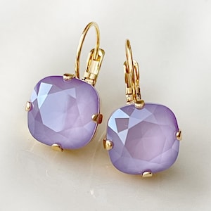 12mm Lilac cushion cut crystal earrings, lavender, purple, bridal earrings, lever back, lilac rhinestone drop earrings