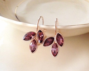 Burgundy earrings, mauve earrings, crystal earrings, crystal leaf earrings, bridesmaid gift, bridal earring, rhinestone drop earring, bridal