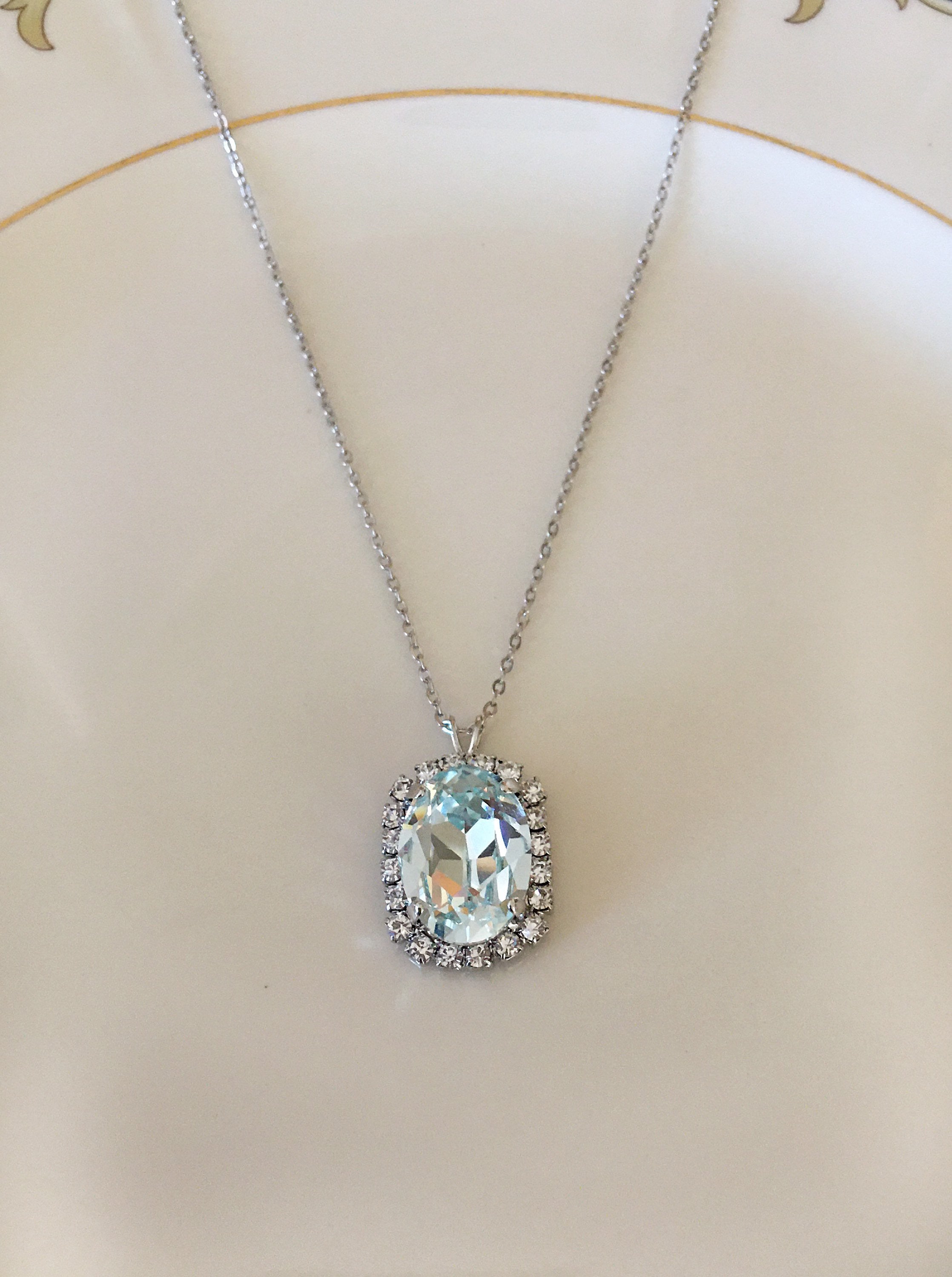 Large pale icy aquamarine pendant necklace something blue light blue bridal necklace bridesmaid gift oval pendant necklace halo
