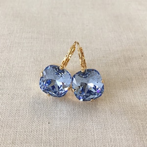 10mm or 12mm Light blue cushion cut crystal earrings, something blue, bridal earrings, lever back, rhinestone drops, bridesmaid gift, blue