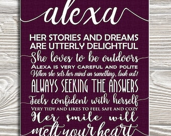 Op de afbeelding: Een rechthoekige print met een dieppaarse achtergrond en witte tekst. Het woord "alexa" staat bovenaan in cursief. De print bevat beschrijvende zinnen over Alexa, zoals "Her smile will melt your heart."