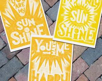 You are my Sunshine poem - Typography art print -  Letterpress 8x10 - set of 3