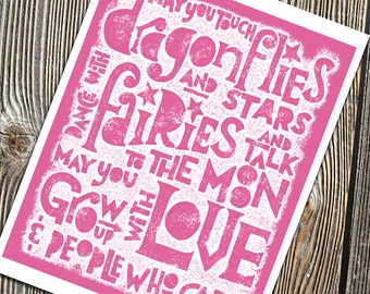 May you touch Dragonflies and stars ... Fairies - Typography Letterpress art print  baby girls gifts