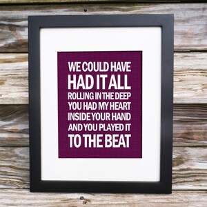 Lyric Print Adele Rolling in the Deep song subway style 8x10 custom colors image 2