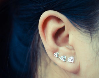 Diamond Outline Sterling Silver Ear Climbers | Ear Crawlers | Ear Sweep