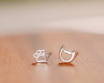 Cat And Dog Sterling Silver Earring Studs | Minimalist Cat Earrings | Animal Lover Jewelry | Cat Lover | Dog Lover