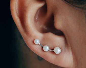 June Birthstone Pearl Ear Climbers Sterling Silver | Birthstone Jewelry | Ear Crawlers | Ear Sweep