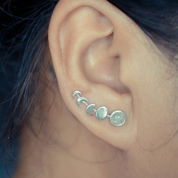 Moonstone Moon Phases Ear Climbers | Lunar Phases Sterling Silver Ear Crawlers | Ear Sweeps | Lunar Jewelry