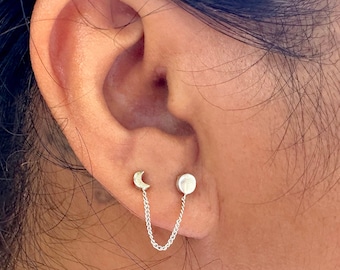 Moon Phases Double Piercing With Chain Earrings | Sterling Silver Double Stud Earrings | Celestial Jewelry | Moon Phases Studs