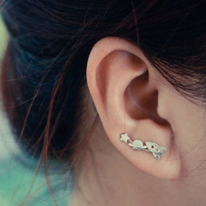 Rocket, Planet and Star Ear Climbers | Space Sterling Silver | Ear Crawlers | Ear Sweep | Celestial Jewelry