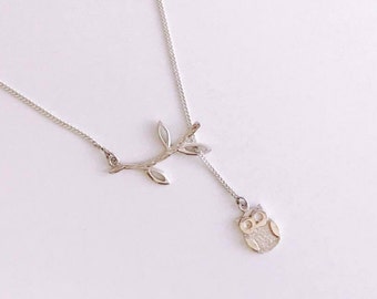 Branch Owl Lariat Sterling Silver Necklace
