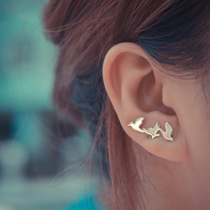 Three Birds Sterling Silver Ear Climbers | Flying Birds Ear Crawlers | Ear Sweeps | Bird Earrings