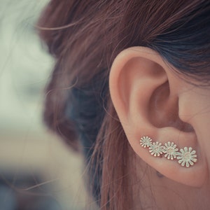 Daisies Flower Floral Sterling Silver Ear Climbers | Ear Crawlers | Ear Sweeps