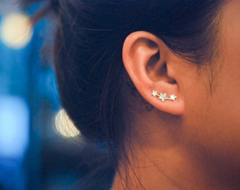 Mini Three Stars Sterling Silver Ear Climbers | Celestial Jewelry | Ear Crawlers | Ear Sweep