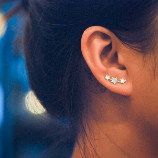 Mini Three Stars Sterling Silver Ear Climbers | Celestial Jewelry | Ear Crawlers | Ear Sweep