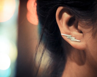 Lightning Bolt Sterling Silver Ear Climbers | Thunder Bolt Ear Crawlers | Ear Sweep