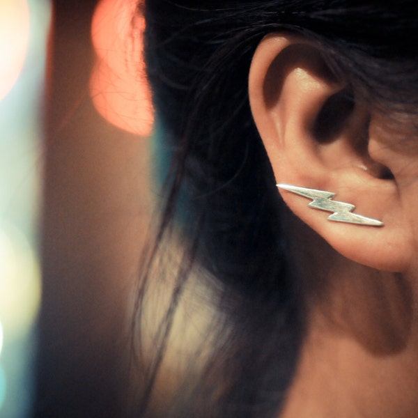 Lightning Bolt Sterling Silver Ear Climbers | Thunder Bolt Ear Crawlers | Ear Sweep